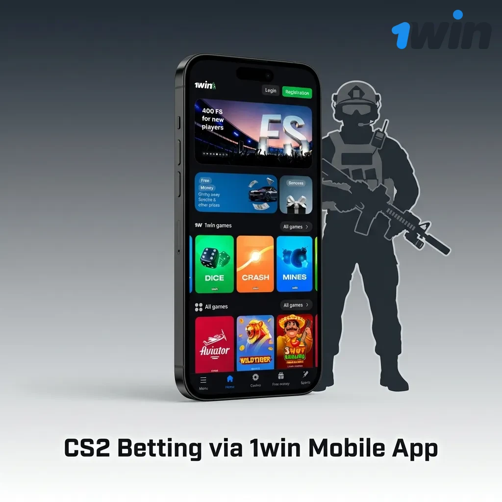 Mobile phone displaying 1win app interface with CS2 esports betting options and live match odds