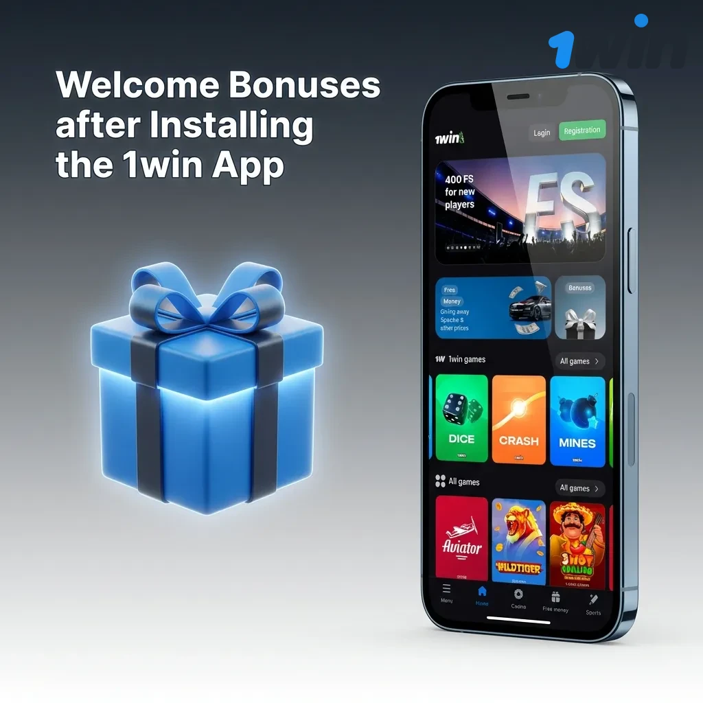 1win app welcome bonuses showing 500% deposit bonus up to ₹75,000 for casino and sports betting with promotional offers